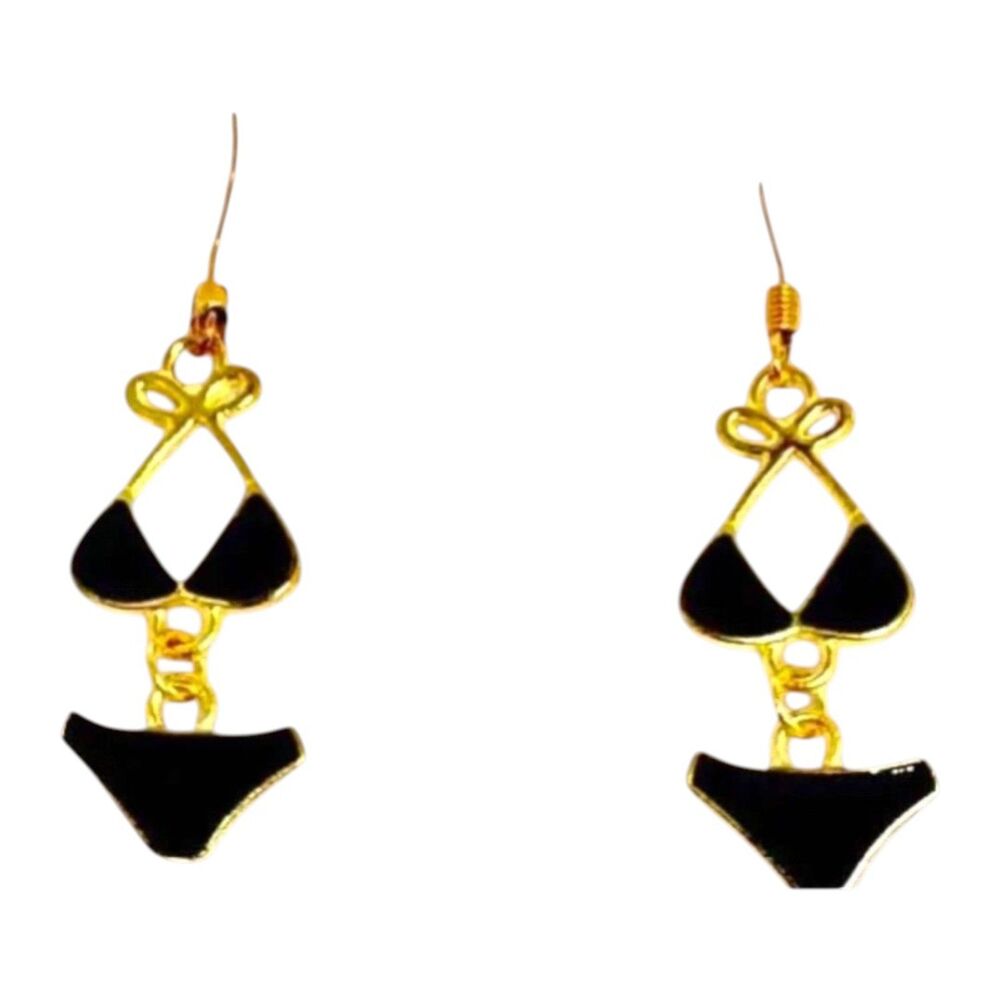 Black Enamel and Gold Swimsuit Hypoallergenic Earrings #2103